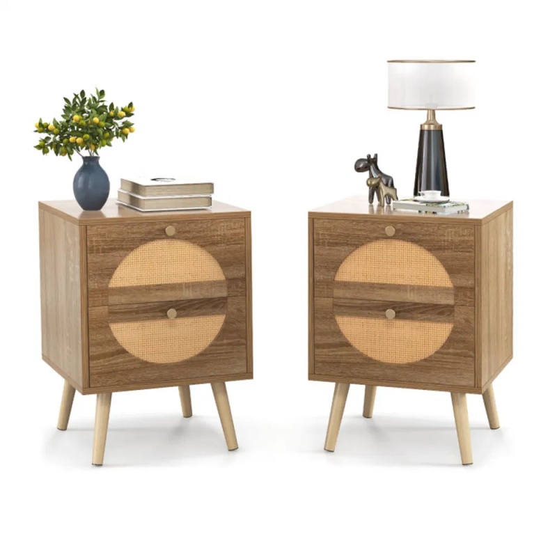 Set of 2 Bohemian 2-Drawer Bedside Table, 54.61×40.64×55.88 cm Natural Pine Wood Legs Nightstand, 88 lbs Capacity for Bedroom Living Room