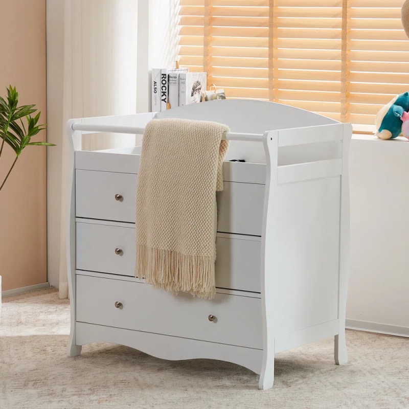White 3-Tier Drawer Baby Cot with Safety Guard – 90.5x58x92cm | Wooden Baby Bed & Storage Combo