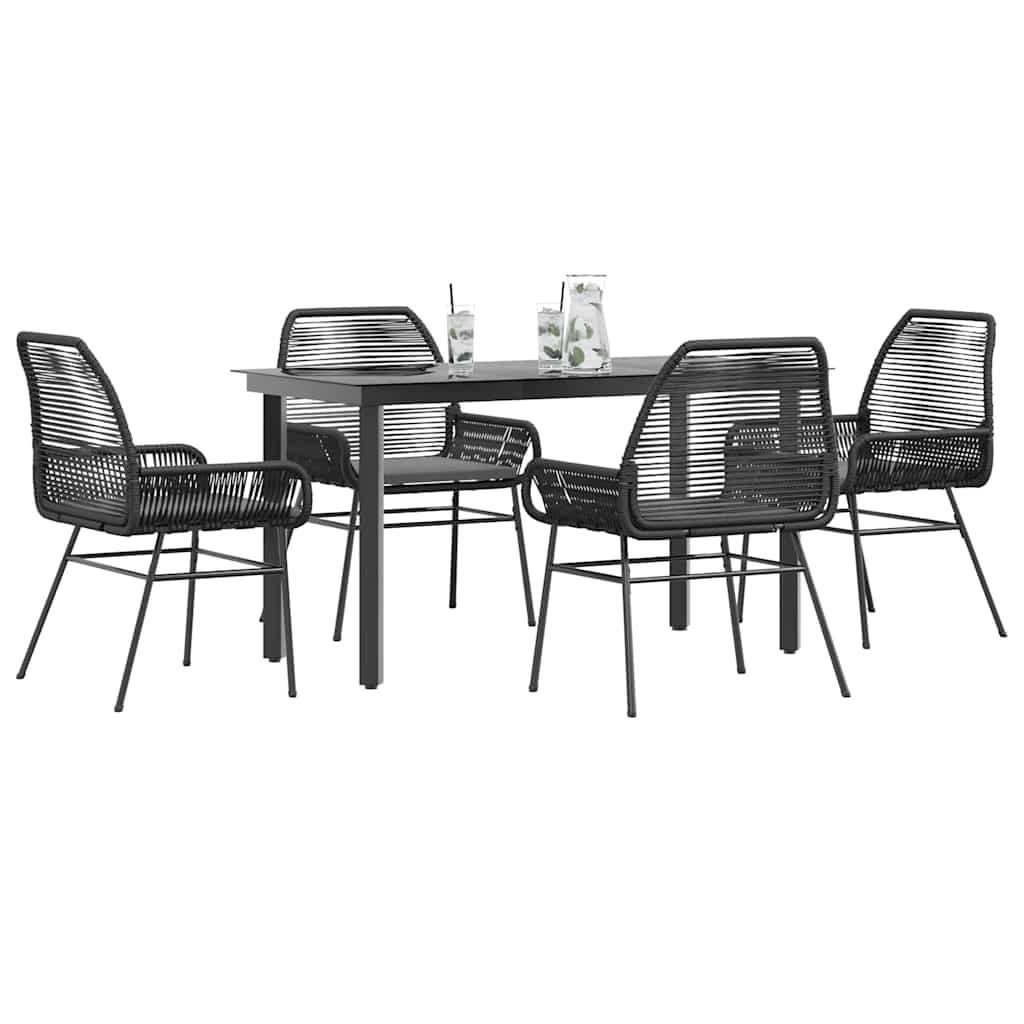 5 Piece Patio Dining Set with Cushions Black Poly Rattan Glass