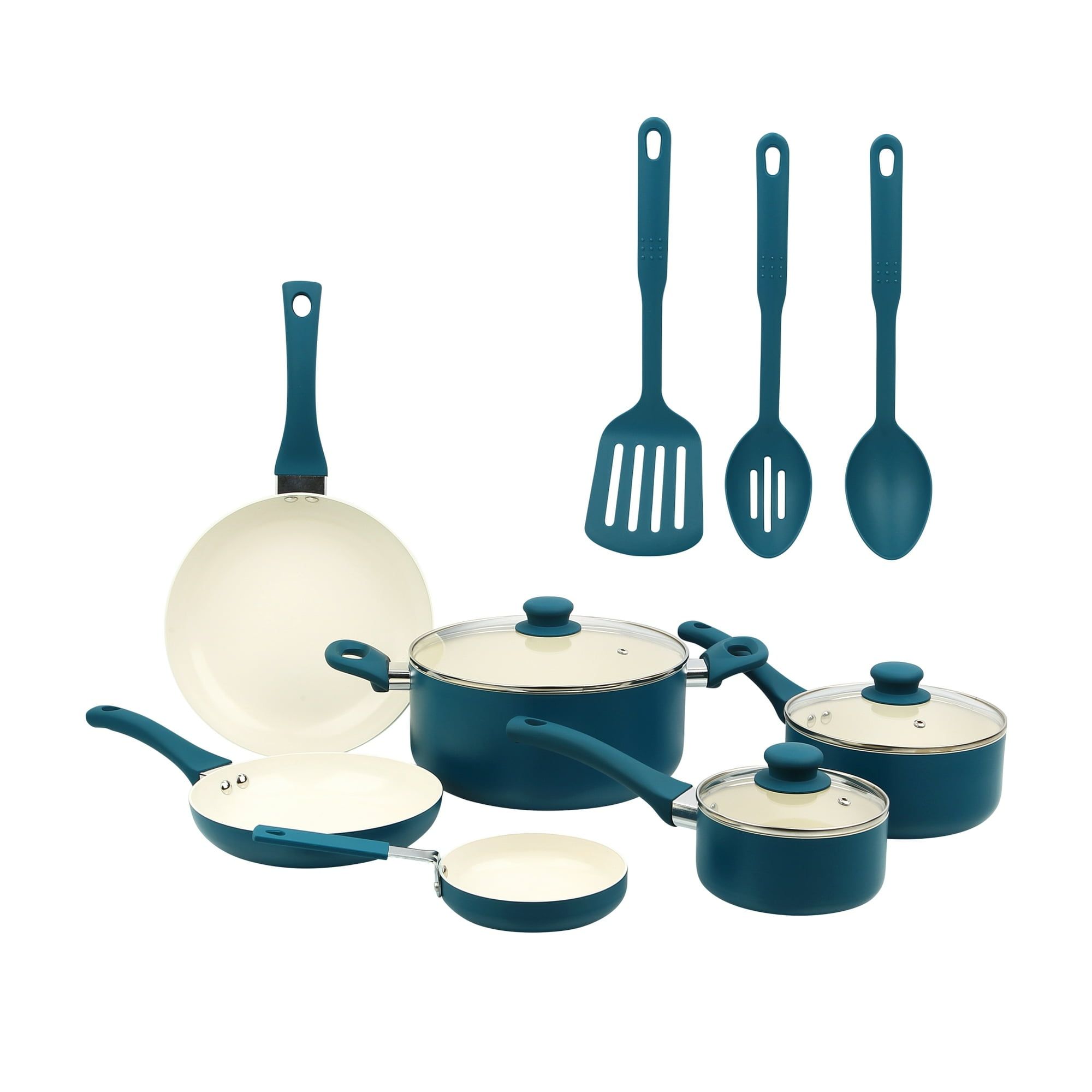 12 Piece Ceramic Nonstick Aluminum Pots and Pans Cookware Set, Blue
