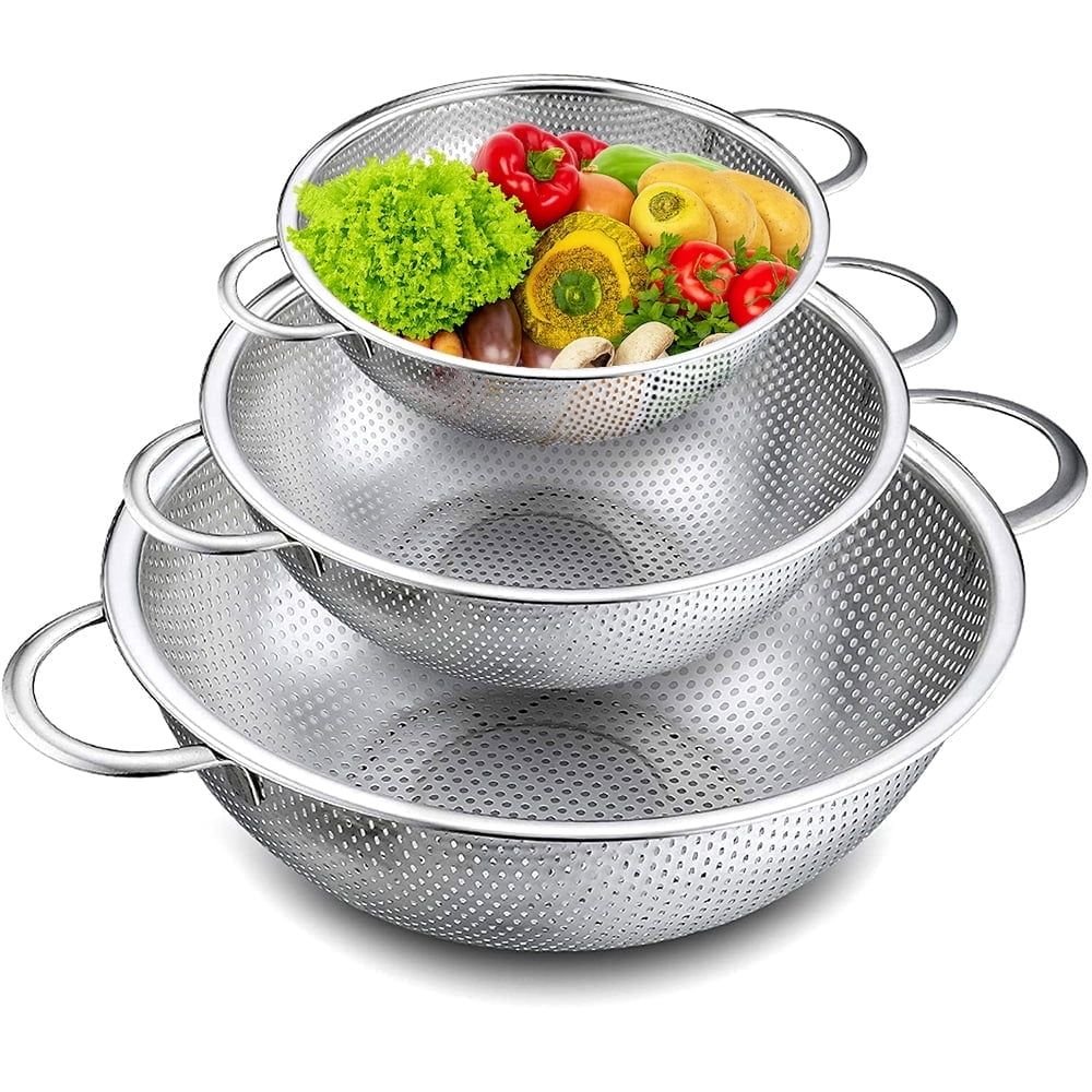 Colander Set of 3, Stainless Steel Micro-Perforated Colanders Strainers for Draining Rinsing Washing, Ideal for Pasta Vegetables Fruits