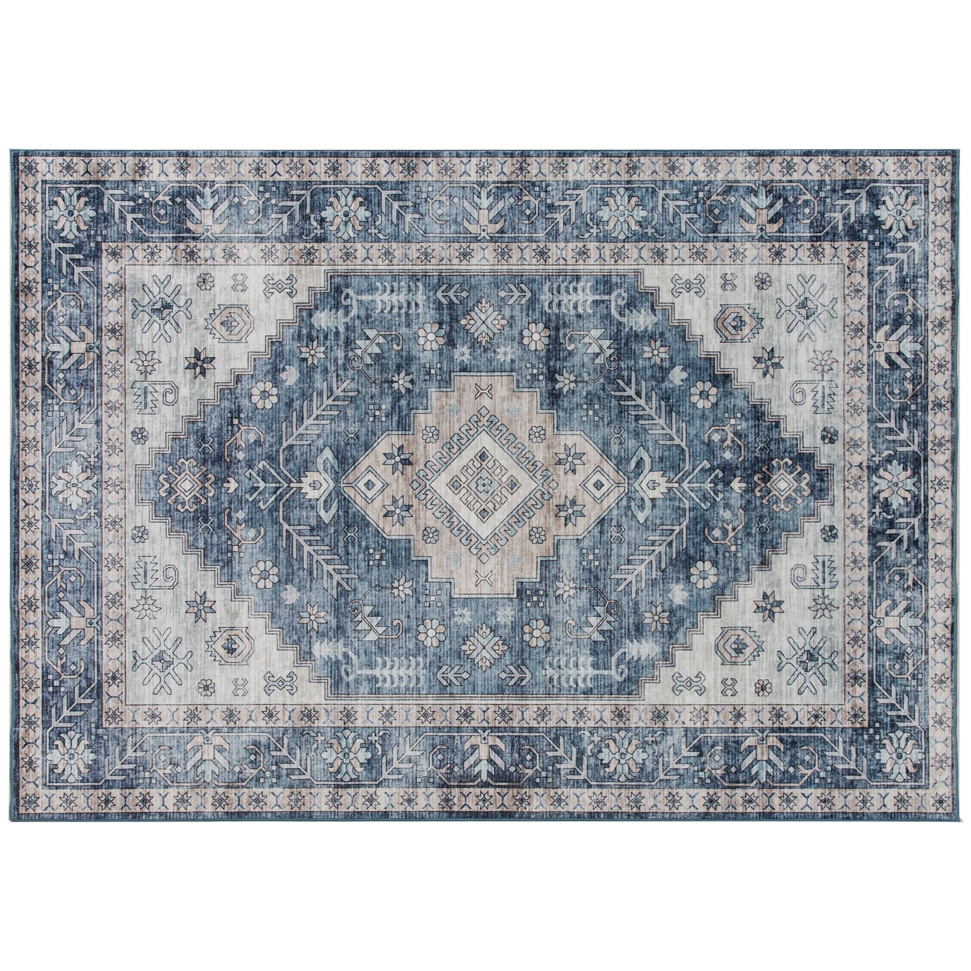 HOMCOM 4x6 Area Rug, Vintage Washable Rug, Non-Slip Floor Carpet for Living Room, Bedroom, Dining Room, Blue