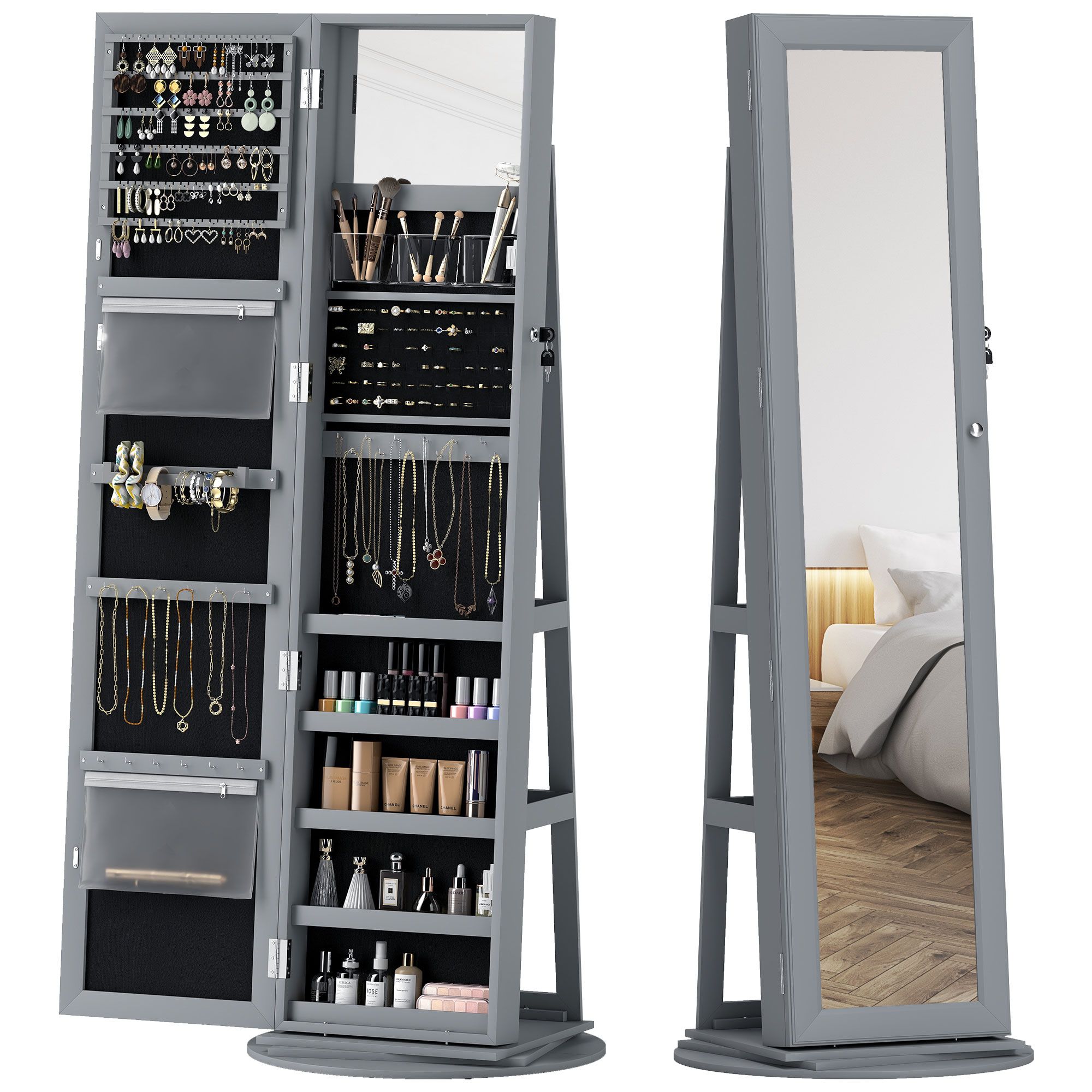 360° Swivel Jewelry Armoire, Lockable Jewelry Cabinet with Full-Length Mirror, Storage Shelves, Gray