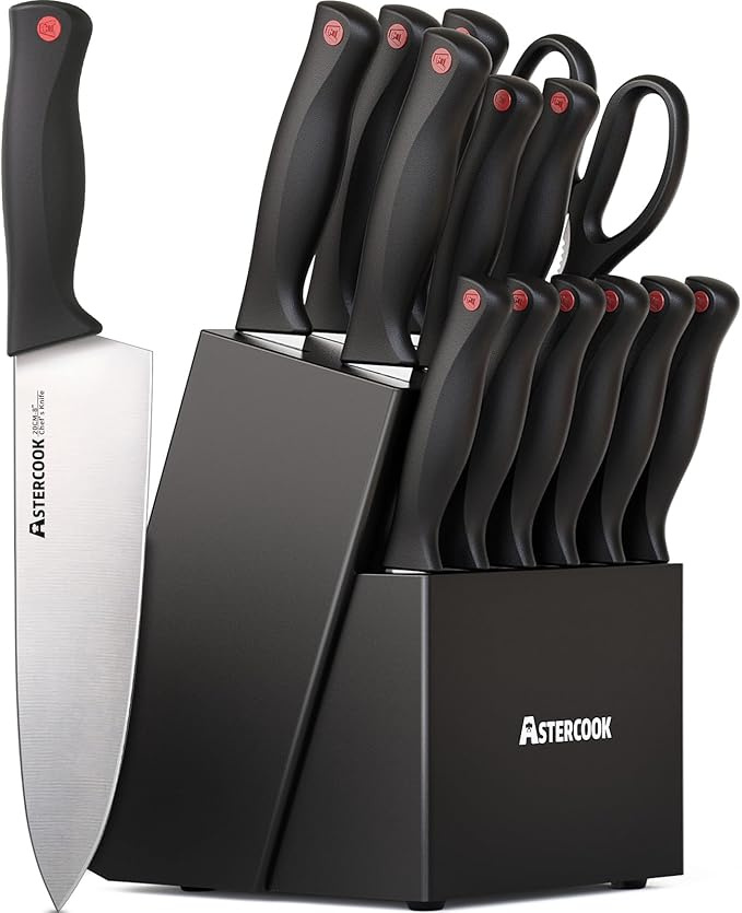 Knife Set, 15 Pieces Kitchen knives Set with Built-in Sharpener