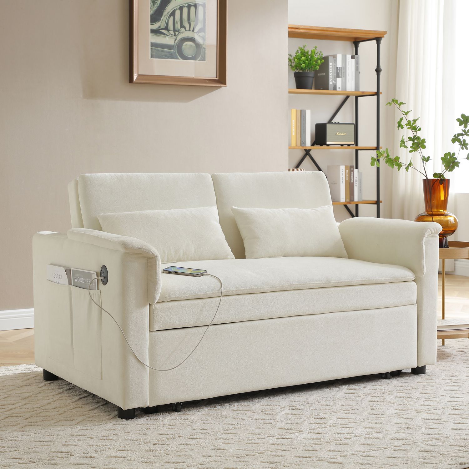 55" Velvet Two Seater Pull Out Sofa Bed, Adjustable Backrest With USB Ports, Two Side Pockets, 3 in 1 Convertible Sleeper Sofa Bed