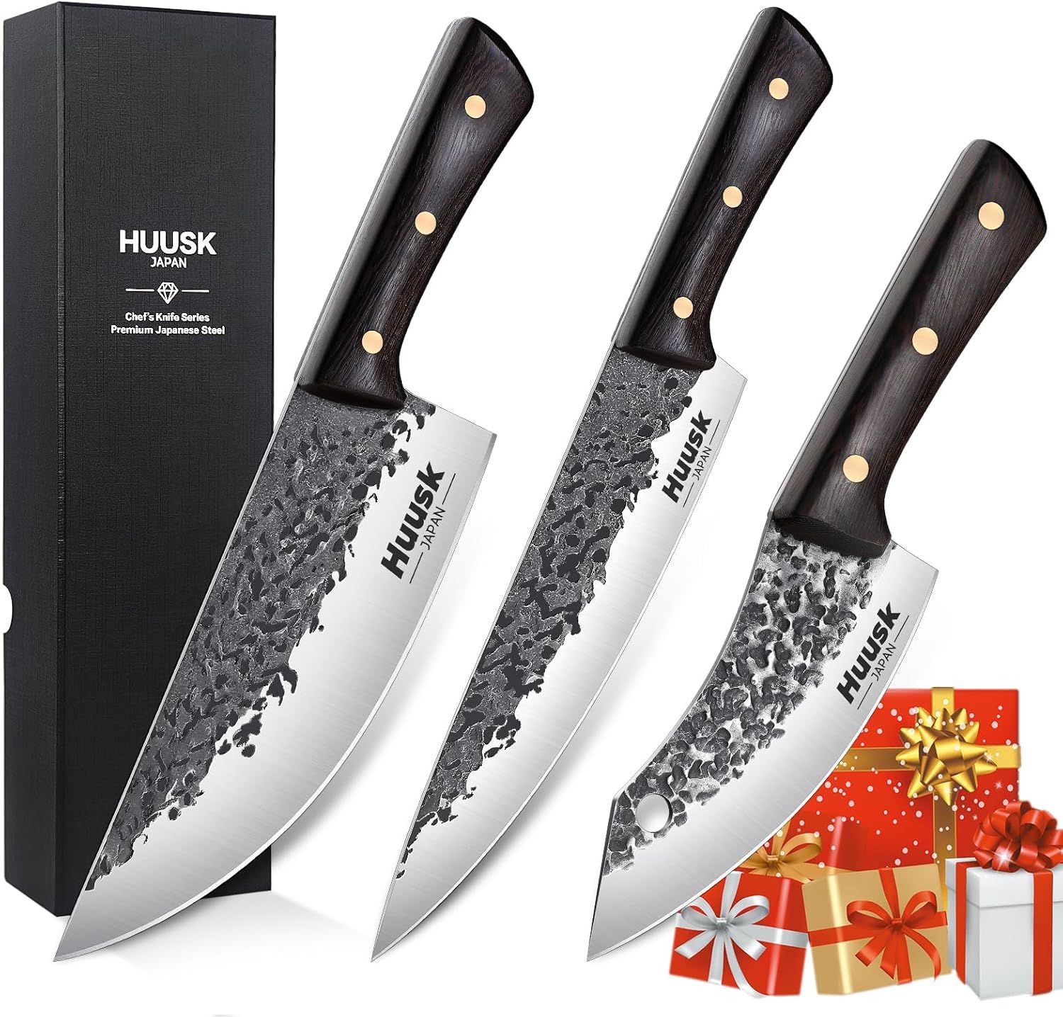 Hand Forged Chef Knife Set, High Carbon Steel Butcher Knife Set, Japanese Kitchen Knives for Home, Outdoor BBQ Camping Cooking
