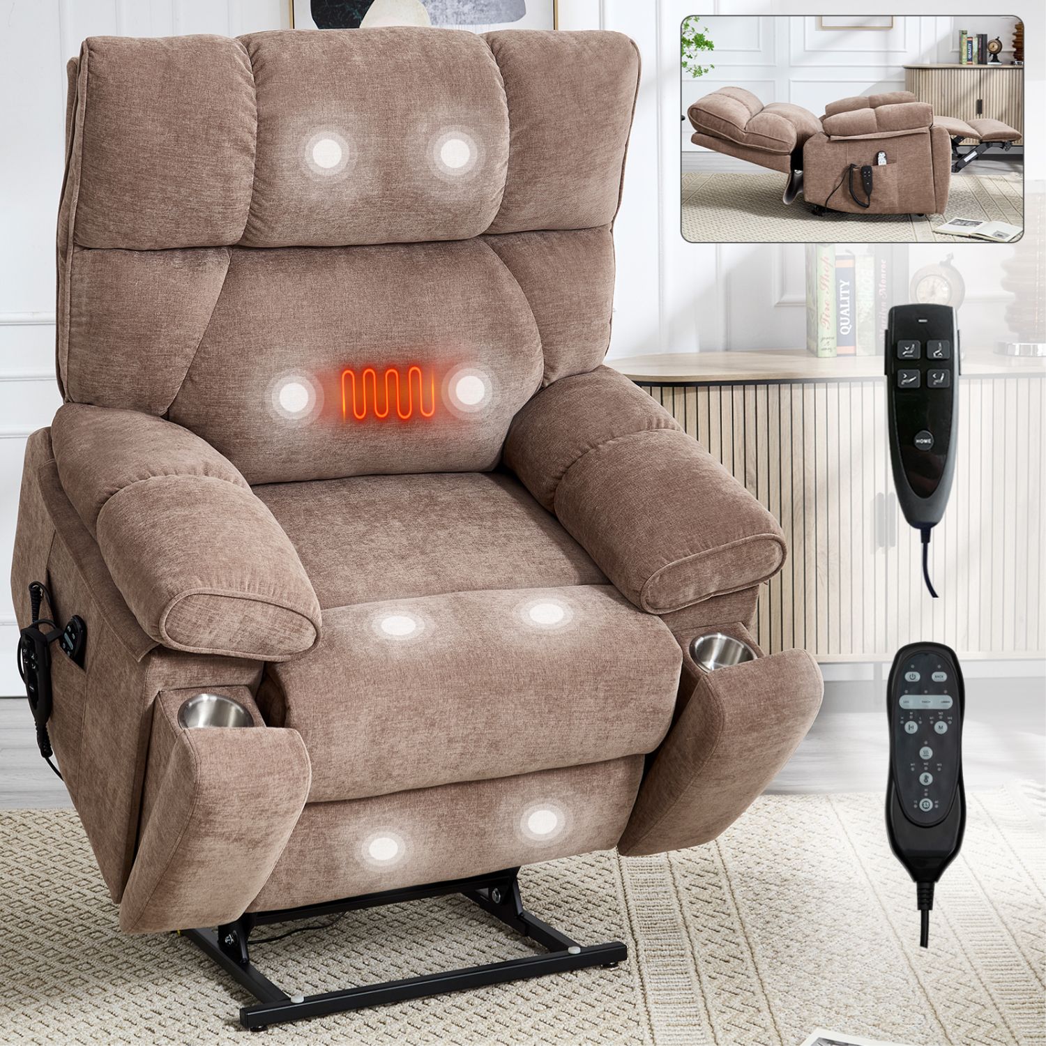 Brown Heat Massage Dual Motor Infinite Position Up to 350 LBS Large Electric Power Lift Recliners with Hidden Cup Holders, Power-Remote