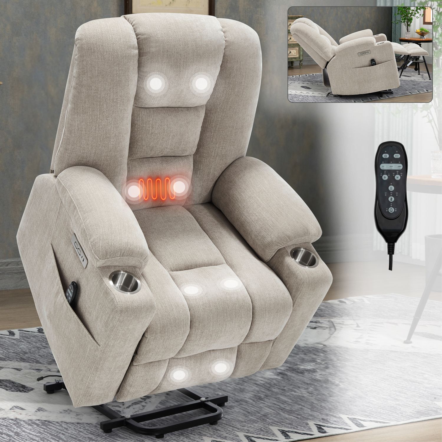 Power Lift Recliner Chair with Massage and Heat for Elderly, Overstuffed Wide Recliners, Heavy Duty Motion Mechanism with USB and Type C Ports