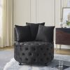 Velvet Upholstered Swivel Chair for Living Room, with Button Tufted Design and Movable Wheels, Including 3 Pillows, Black