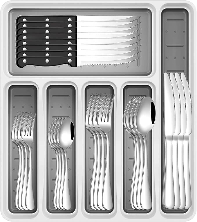 49-Piece Stainless Steel Silverware Set with Cutlery Organizer, Service for 8 with Steak Knives and Kitchen Utensils