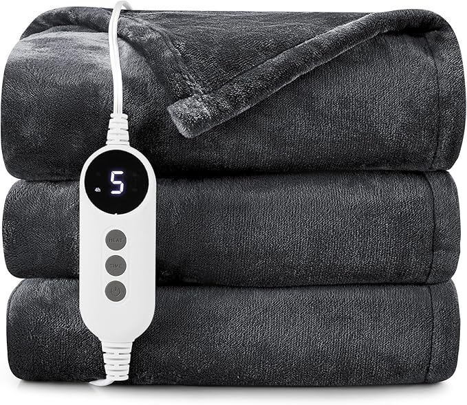 Heated Electric Blanket Throw, 2-Layer Cozy Warm Flannel 50" x 60", Heating Blanket with 9 Heating Levels, 2/4/6/10 Hours Auto Off