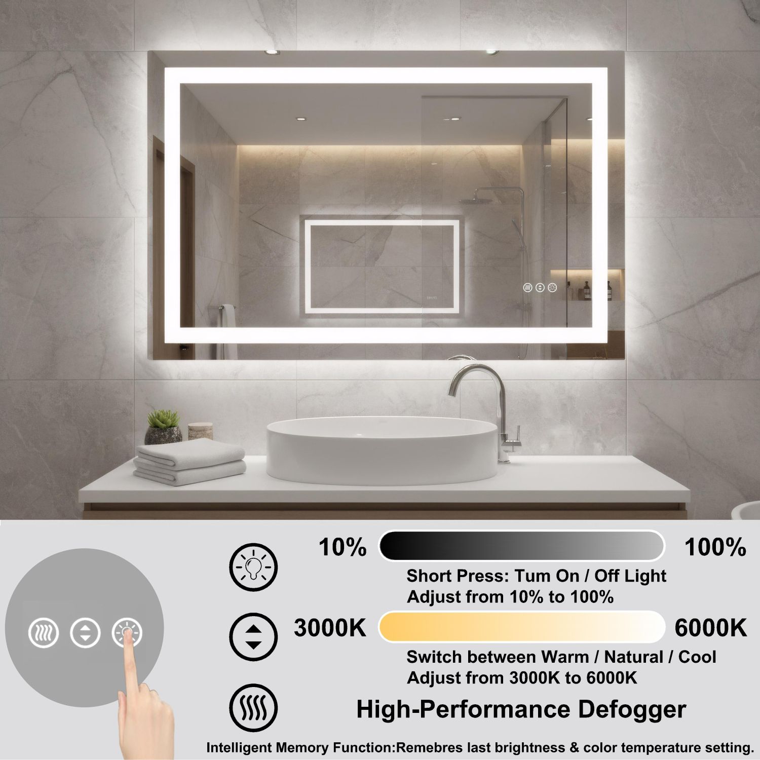 LED Bathroom Mirror 40 "x 36" with Front and Backlight, Large Dimmable Wall Mirrors with Anti-Fog, Memory, 3 Colors, LED Vanity Mirror