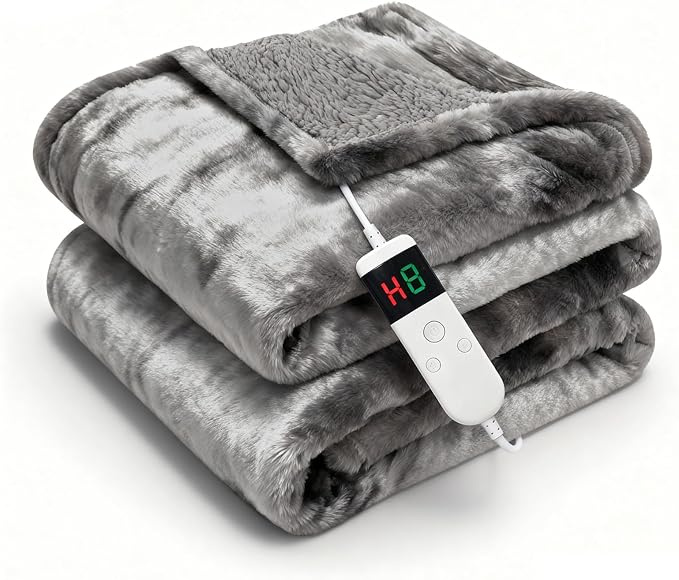 Electric Heated Blanket Throw 50''x60''Size Faux Fur Heating Blanket 10 Heating Settings, 1-8h Timer & Overheat Protection, Machine Washable