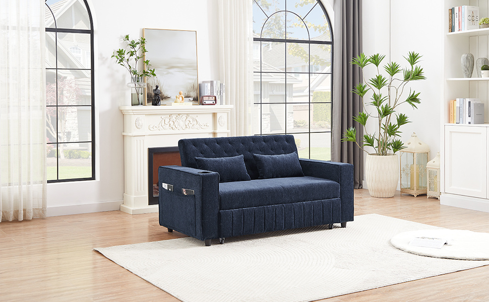 61.4" Pull-out Sofa Bed Convertible Couch Loveseat Sofa Modern Sleeper Sofa with Adjustable Backrest for Living Room, Blue