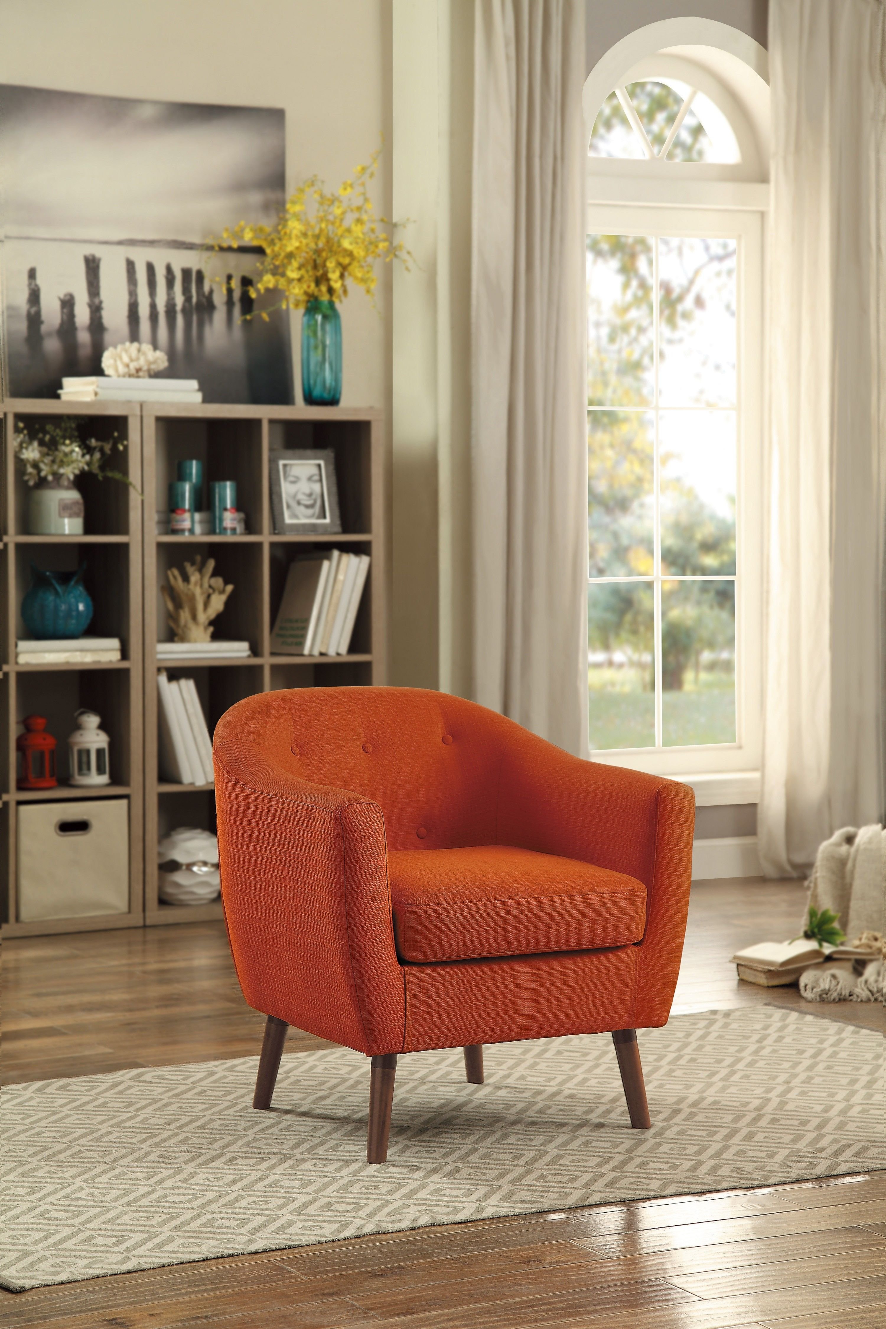 Orange Fabric Upholstered Accent Chair 1pc Espresso Finish Legs Button Tufted Solid Wood Furniture Living Room Chair