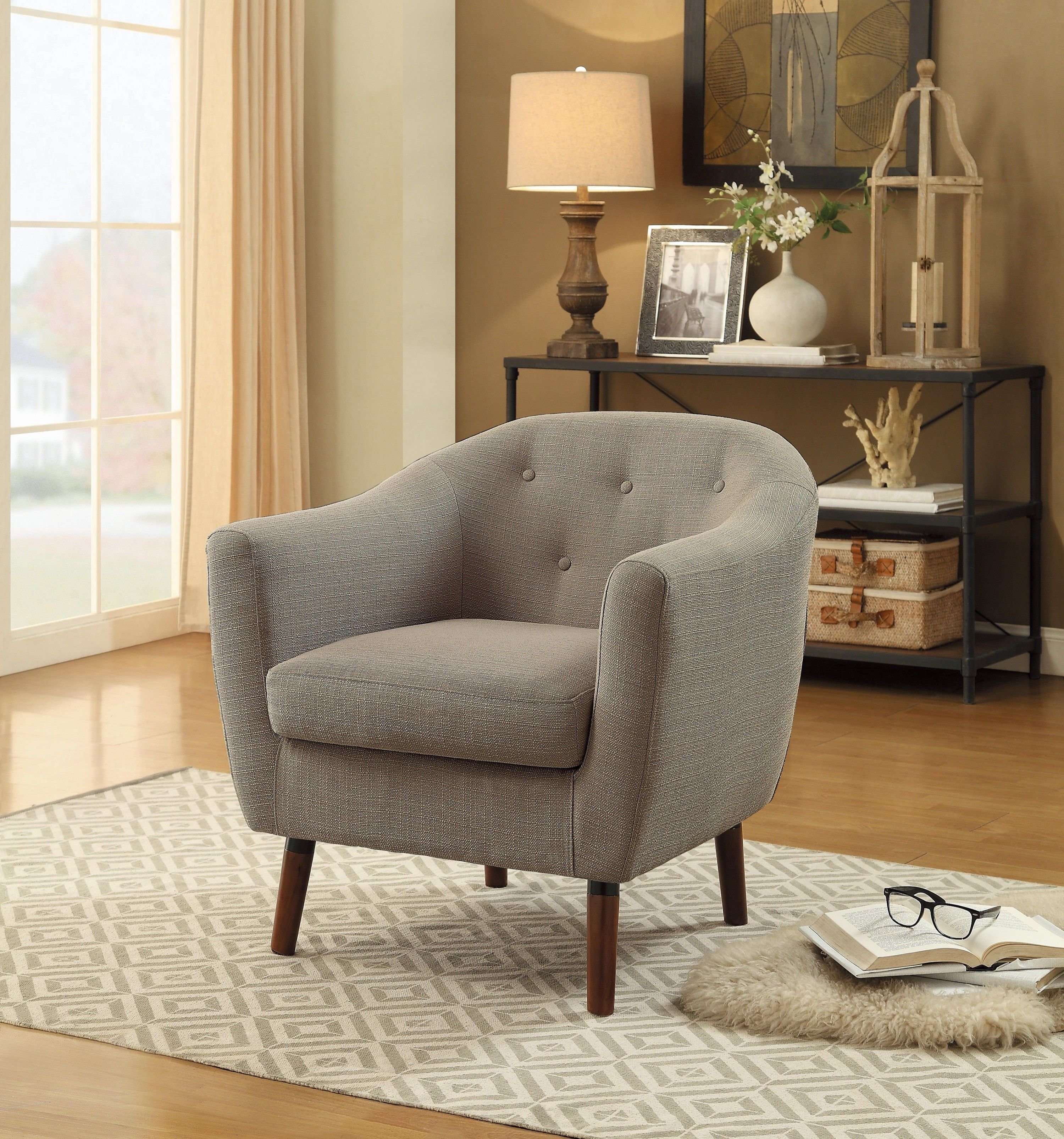 Beige Fabric Upholstered Accent Chair 1pc Espresso Finish Legs Button Tufted Solid Wood Furniture Living Room Chair