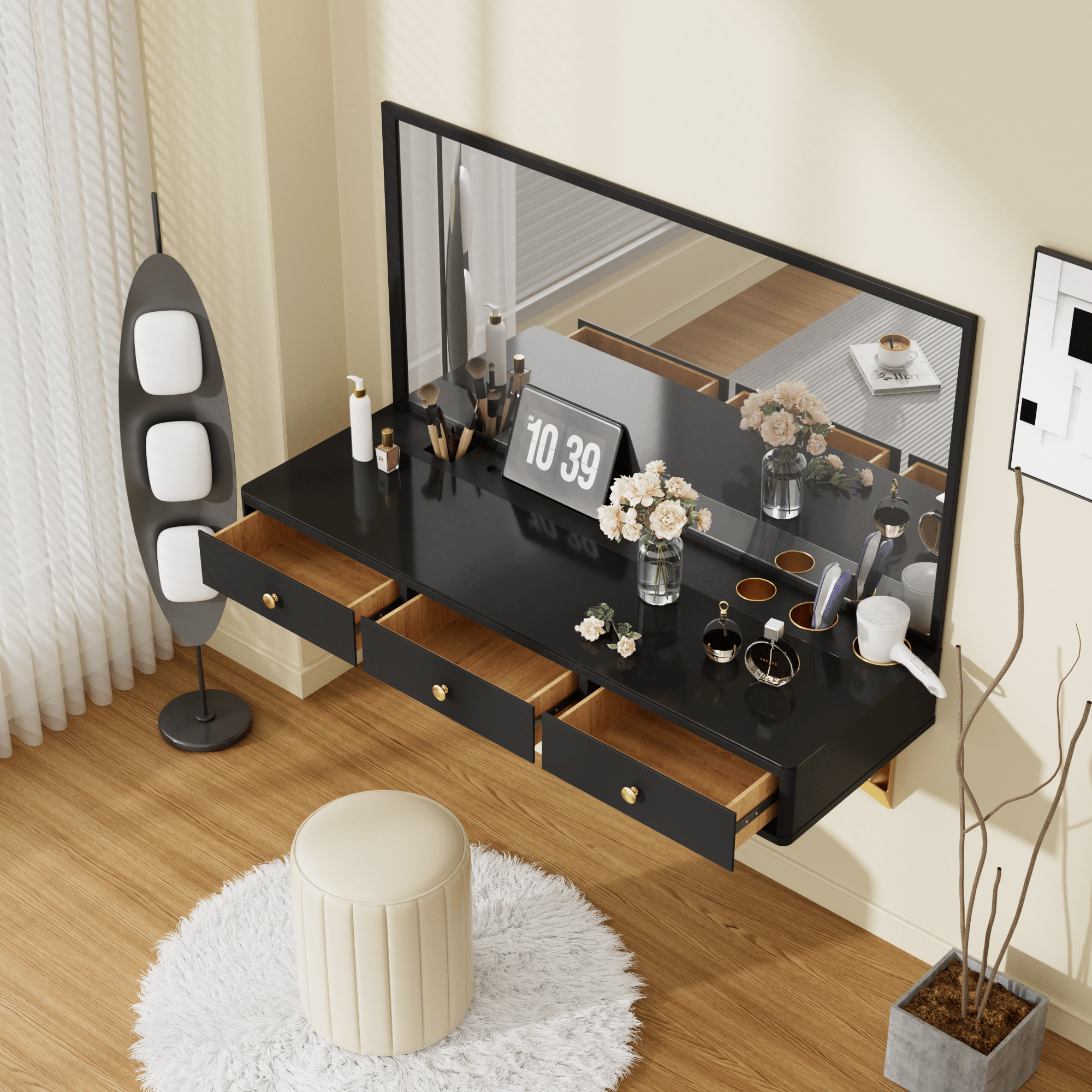 47" Floating Shelf with Drawer, Multi-Purpose Wall-Mounted Vanity Table, Mounted Desk, Floating Table for Bedroom, Bathroom, Hairdressers