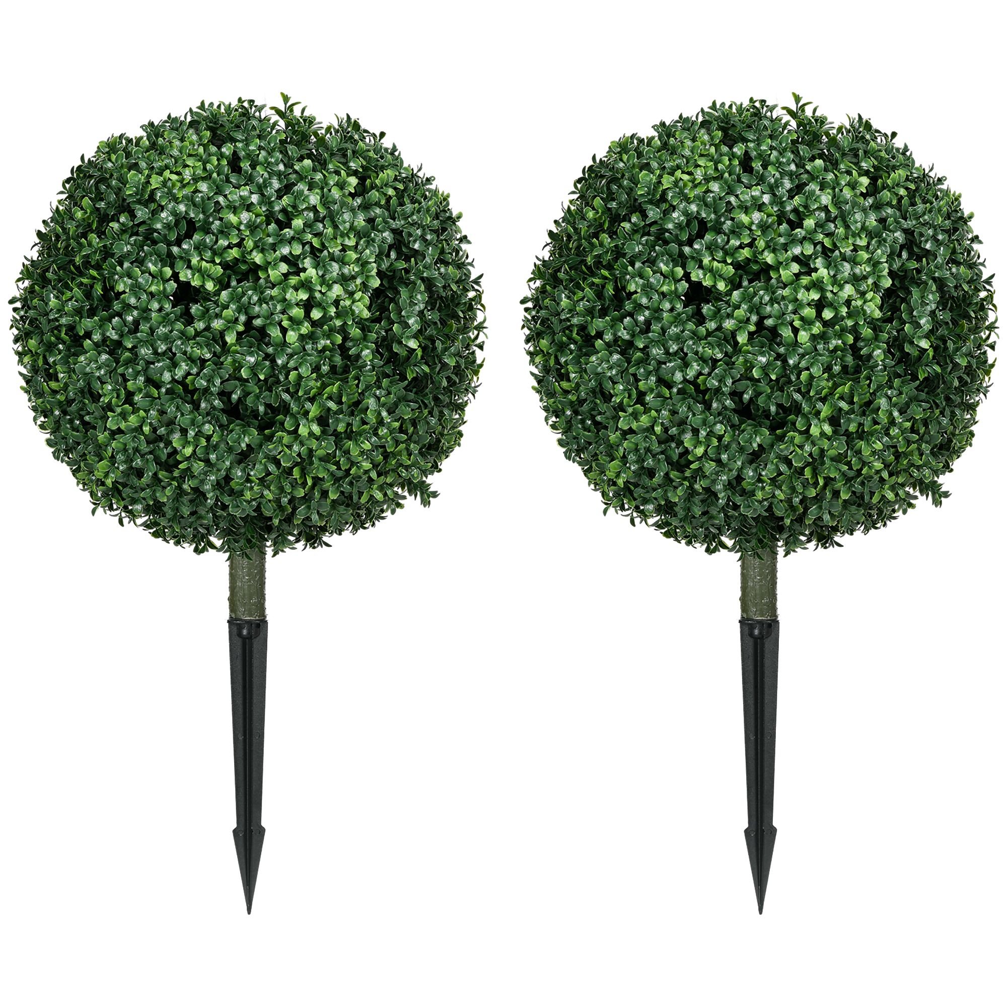HOMCOM Artificial Boxwood Trees w/ Ground Stake, Set of 2 Ball Shaped Topiary Trees for Home Office & Living Room, UV Resistant