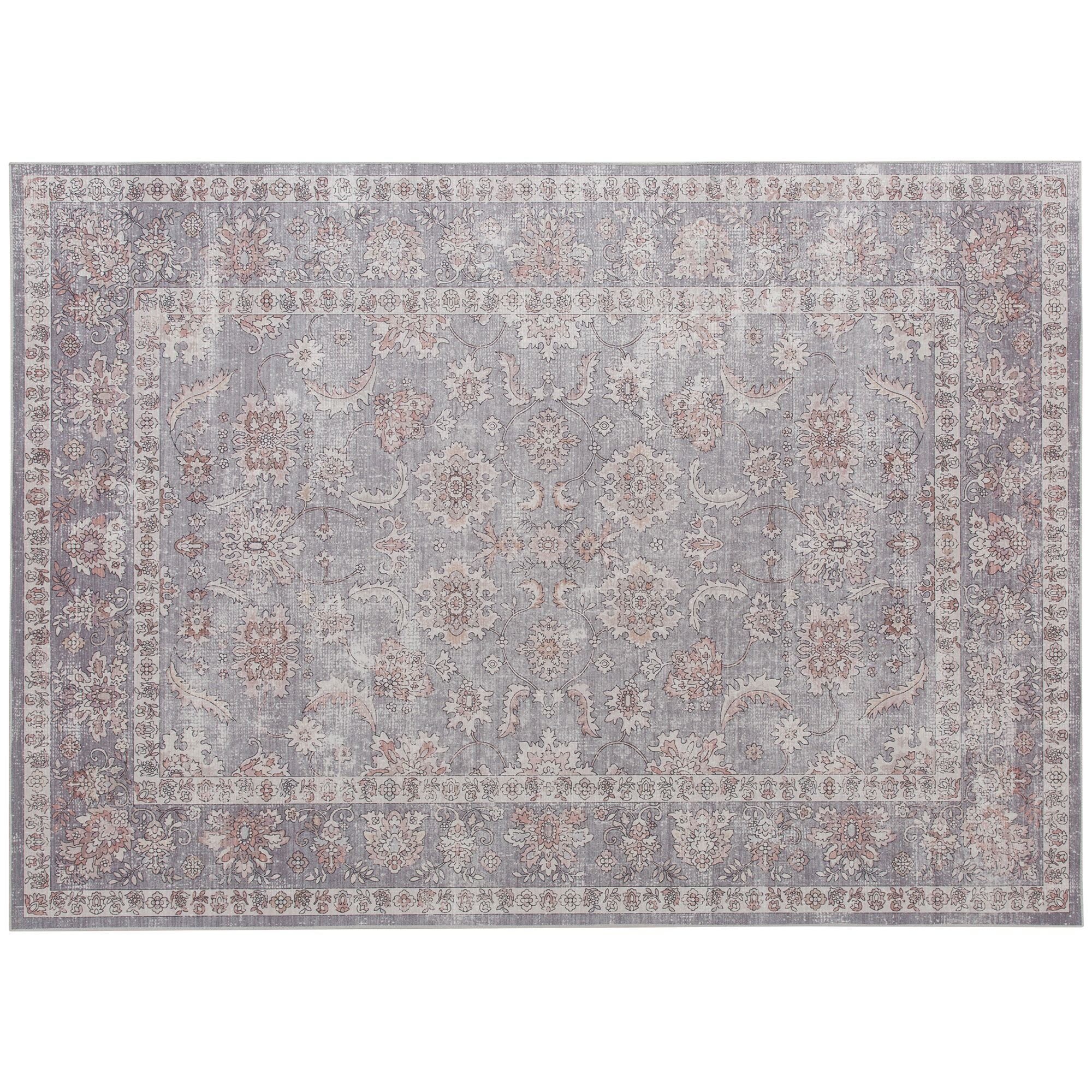 HOMCOM Machine Washable Area Rug 5x7, Non-Slip Traditional Flower Print Floor Carpet for Living Room, Bedroom, Grey and Brown