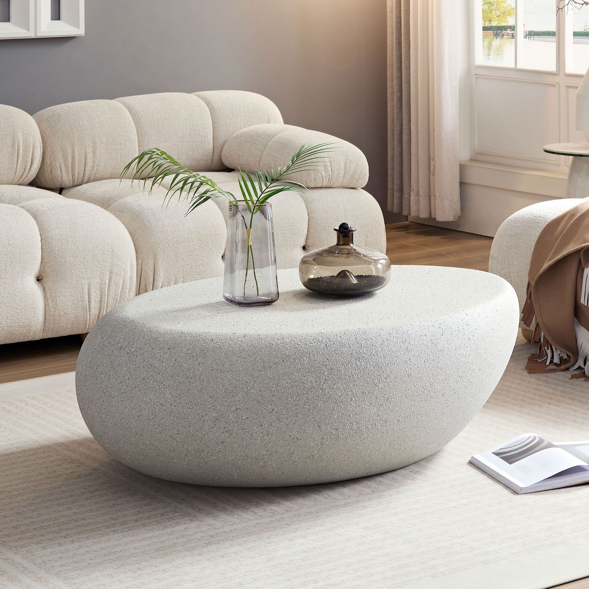 43.31''Fiberglass Elliptical Coffee Table for Living Room Vintage Table,Matte Rocks Table front of the Sofa, Irregular Center Table