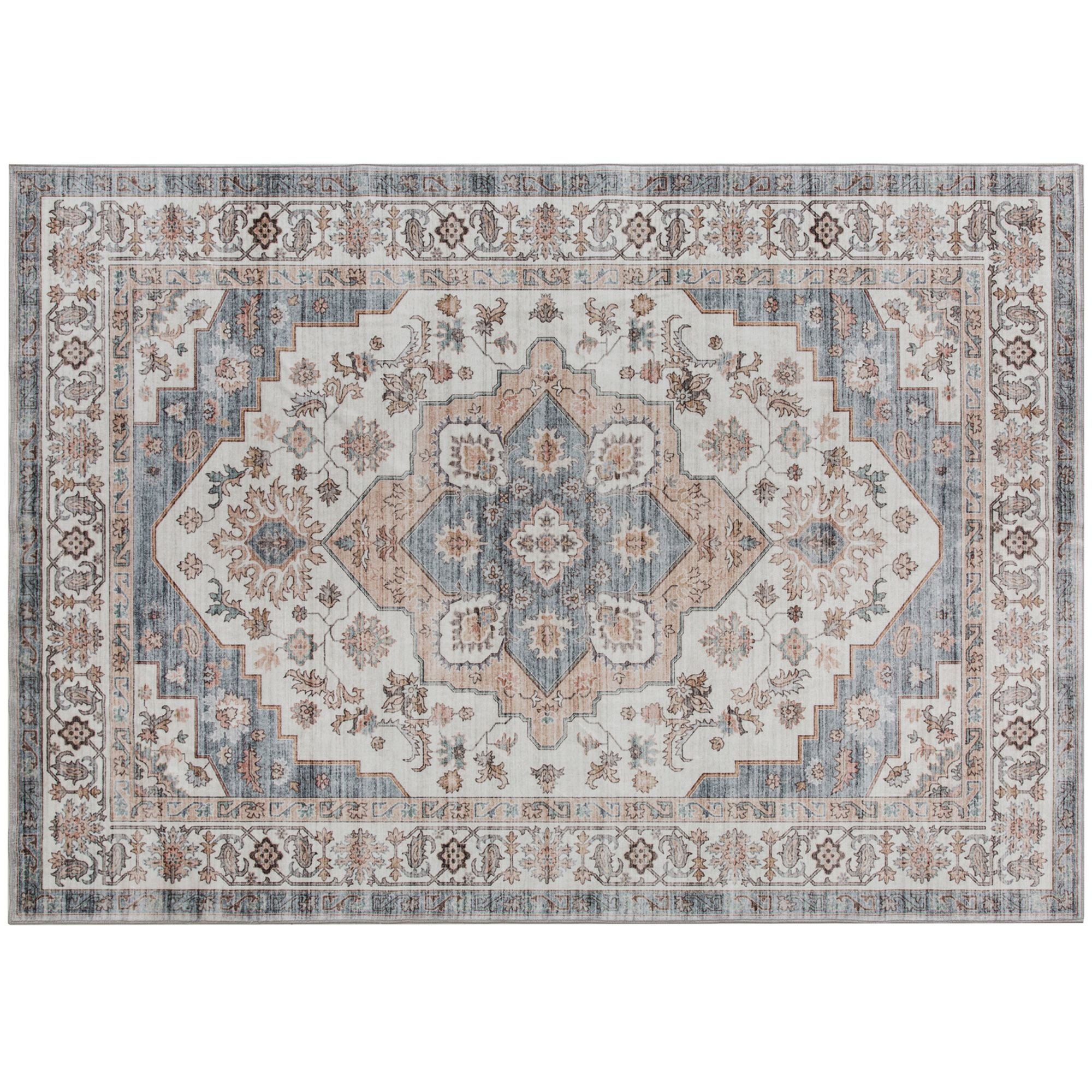 HOMCOM 5x7 Area Rug, Vintage Machine Washable Rug, Non-Slip Carpet for Living Room, Bedroom, Dining Room, Brown & Light Blue