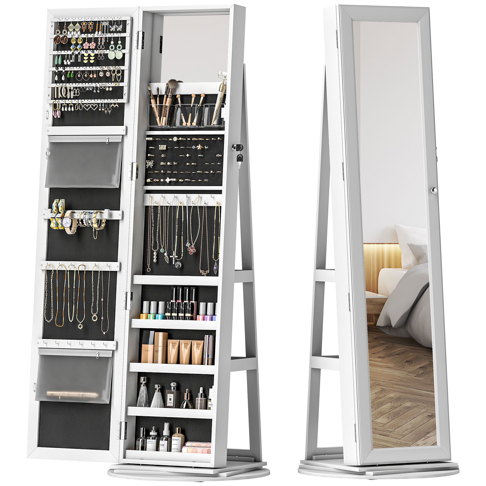 360° Swivel Jewelry Armoire, Lockable Jewelry Cabinet with Full-Length Mirror, Storage Shelves, White