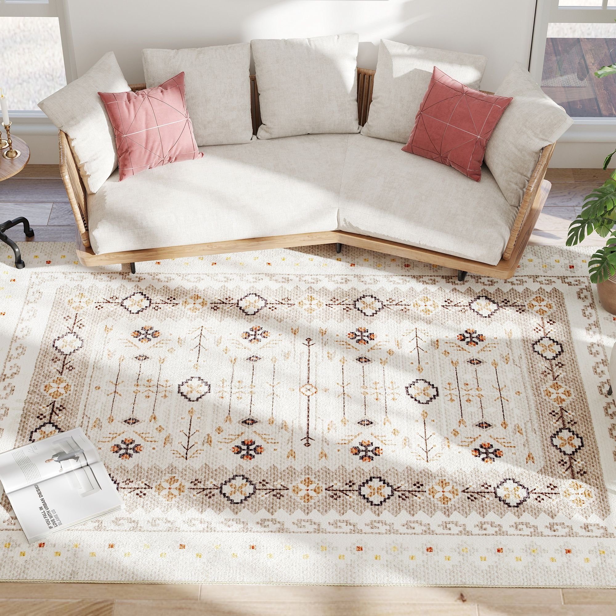 HOMCOM Machine Washable Area Rug 8x10, Non-Slip Boho Flannel Print Floor Carpet for Living Room, Bedroom, Dining Room, Brown