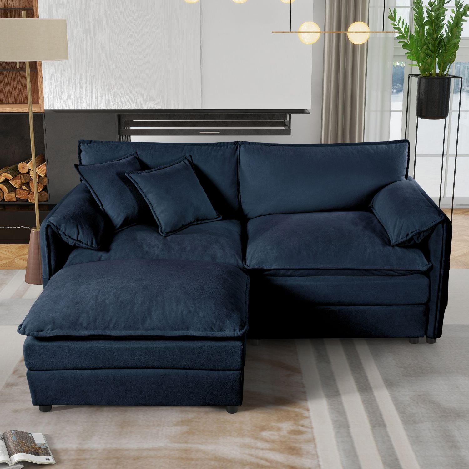 Deep Seat Sectional Sofa Cloud Couch with Ottoman, Modern Chenille Comfy Love Seat Upholstered Modular L Shaped Couch for Living Room, Apartment