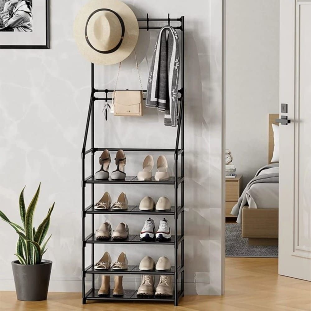 5-Tier Shoe Rack Shoe Storage for Entryway,Narrow Shoe Rack,Coat and Shoe Rack with 8 Hooks