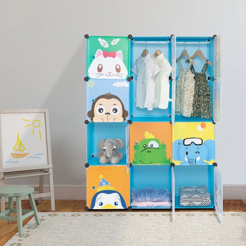 4-Layer 12-Grid 2-Hanging Rod Magic Cube Wardrobe, Plastic + Steel Wire Material with Animal Pattern, Pattern Door Blue Cabinet (Option: As picture)