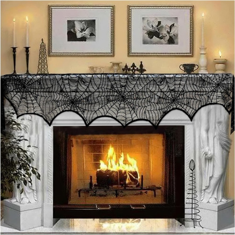 Black Lace Spiderweb Fireplace Mantle Scarf Cover 18 X 96 Spooky Halloween Cobweb Table Runner & Party Decor (Option: Black)
