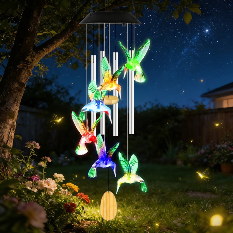 Solar Hummingbird Wind Chime With Aluminum Tubes 7 Color Changing Wind Chime For Outside IPX4 Waterproof Outdoor Garden Yard Decor (Option: Chime Light)