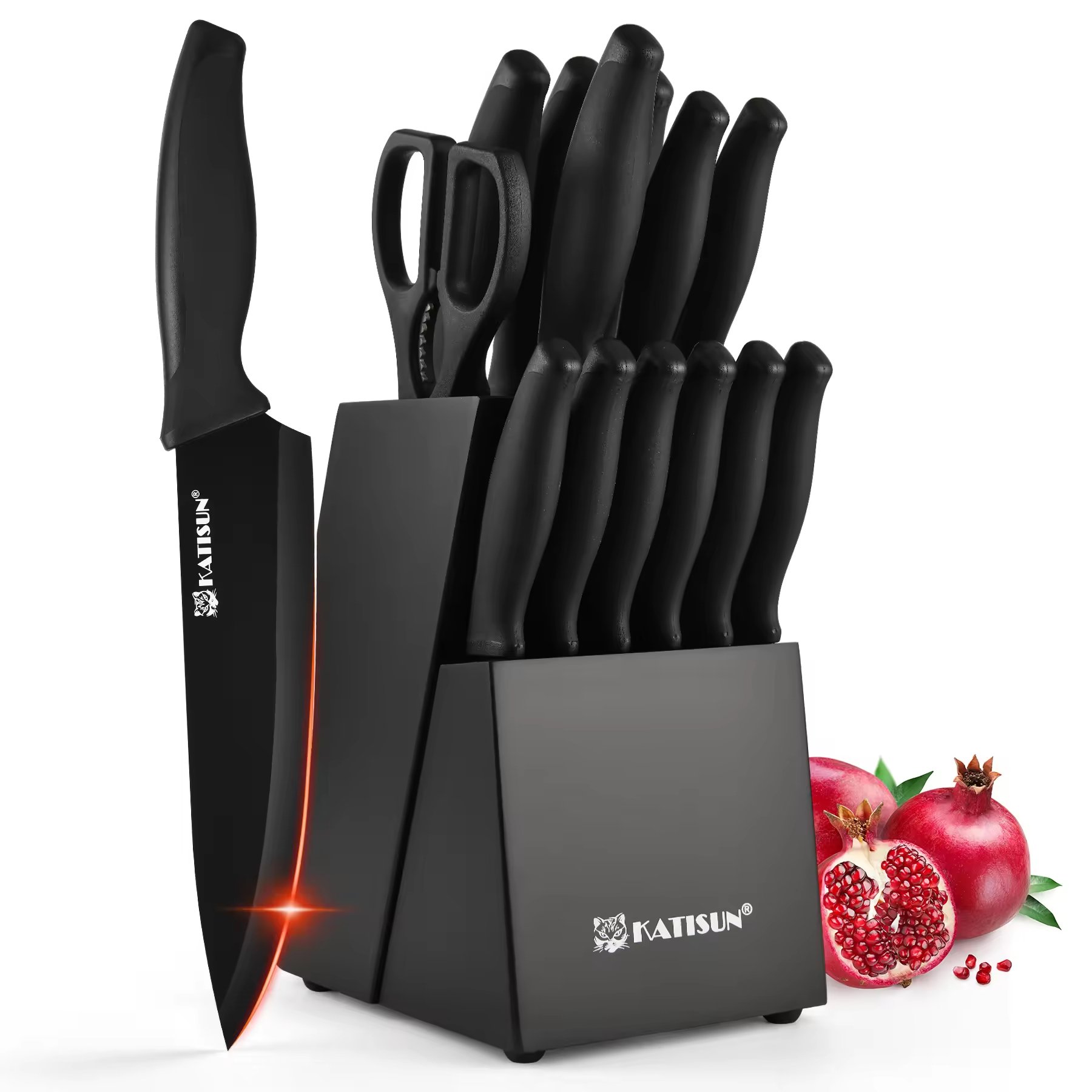 15-Piece Color-Coded Kitchen Knife Set With High-Carbon Chef Knives, Ergonomic Black Non-Slip TPR Soft Handles, And Built-In Knife Sharpener (Option: Black)