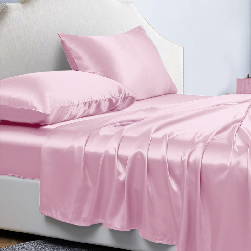 4-Piece Satin Bed Sheet Set, 14-Inch Deep Pocket (Option: Pink)