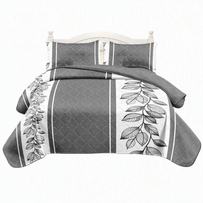 3-Piece Gray And White Stripe Quilted Bedspread Set For King And California King (Option: KING)