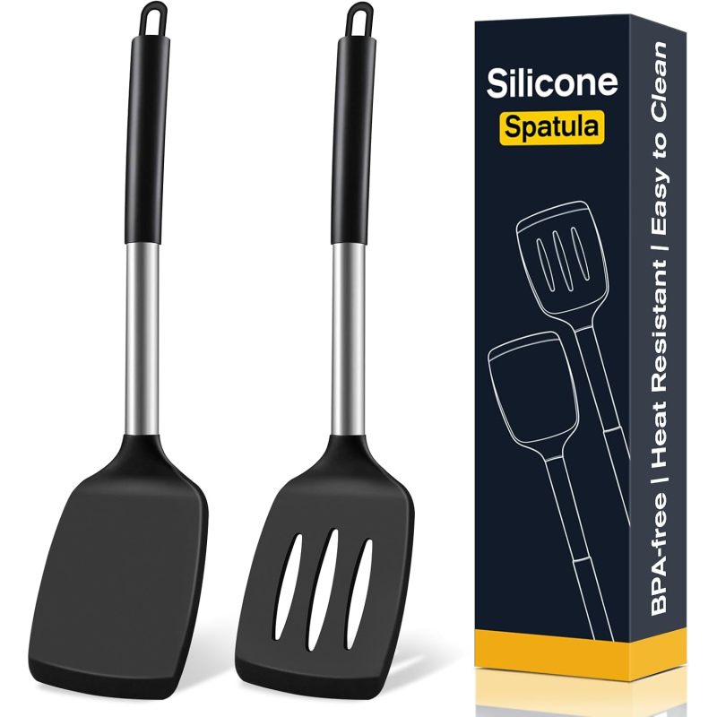 2 Pack Silicone Spatula Set, Solid & Slotted Turners For Non-Stick Pans, High Heat Resistant Cooking Utensils, BPA-Free, Black (Option: Black)