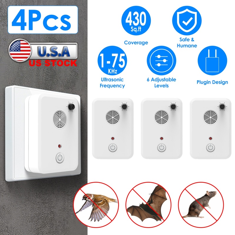 4Pack Plug In Ultrasonic Bat Repellent Indoor Bird Mouse Deterrent Device With 6 Adjustable Levels For Attic Garage Kitchen Warehouse (Option: White)