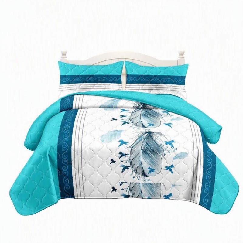 3-Piece Blue And White Feather Star Quilted Bedspread Set For King And California King (Option: California King)