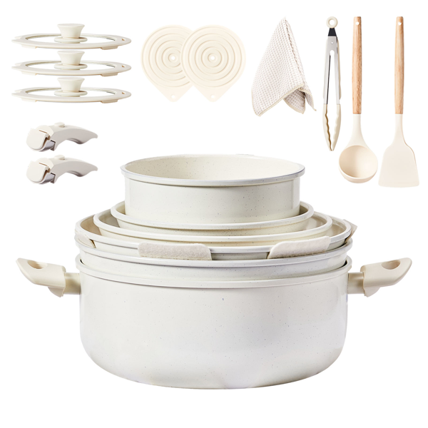 22-Piece Non-Stick Cookware Set, 6 Pots & 3 Lids, Removable Handles, Oven & Dishwasher Safe, Includes 28cm Soup Pot, Cream White Aluminum (Option: defaulttitle)