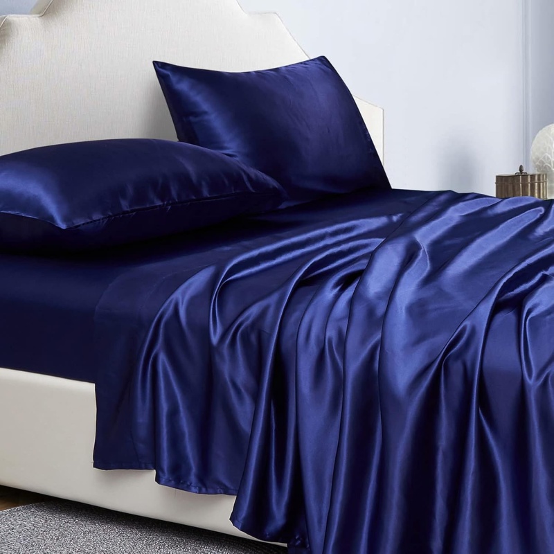 4-Piece Satin Bed Sheet Set, 14-Inch Deep Pocket (Option: Navy)