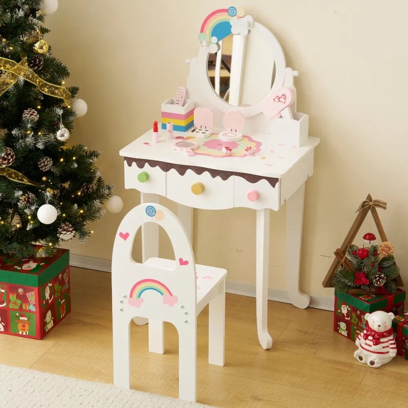 Kids Vanity Table And Chair Set With 7pcs Pretend Play Makeup Toys, Girls Vanity With Mirror & Stool, 3 Drawers & Tabletop Storage, Princess Tabl (Option: defaulttitle)