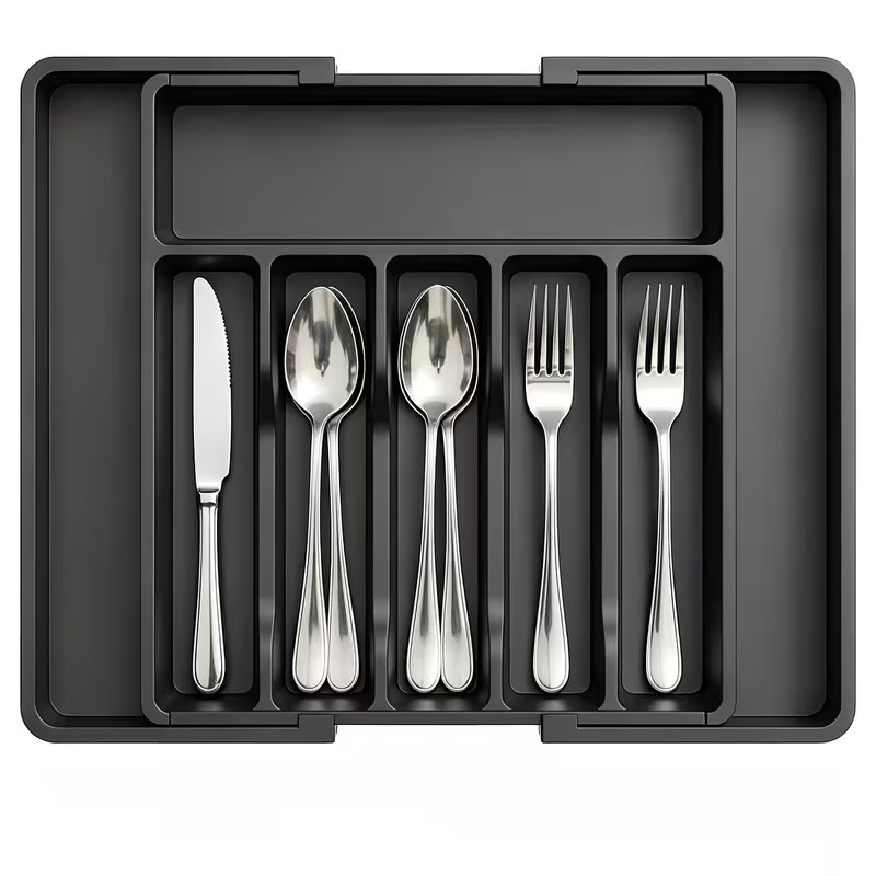 Expandable Utensil Tray For Kitchen, BPA Free Flatware And Cutlery Holder, Adjustable Plastic Storage For Spoons Forks Knives (Option: Black)