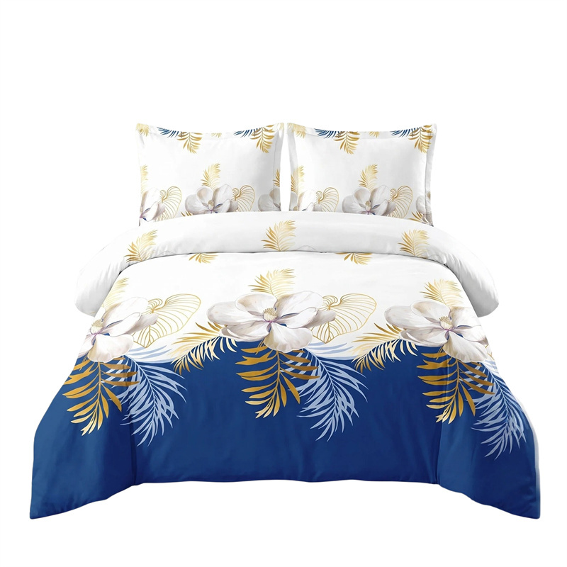 3 Piece Duvet Cover Set, US Designer Navy Blue And Gold Tropical Floral Botanical Print High GSM Heavyweight Comforter Cover With Zipper & Corner (Option: Queen)