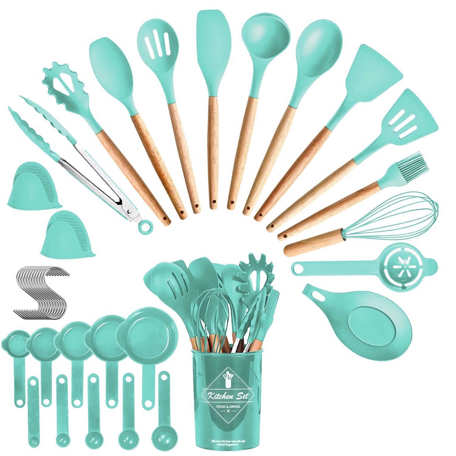 4 Colors Options -- Set Of 35Pcs Kitchen Cooking Utensils Set Spatula Set Baking Utensil Set Kitchen Accessories Necessities With Holder Egg Whis (Color: Green)