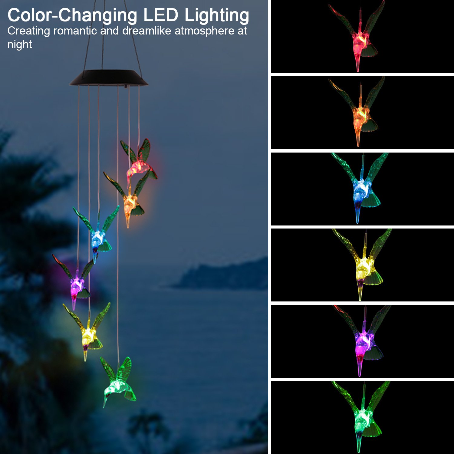 LED Solar Hummingbird Wind Chime Solar String Lights 6 LEDs Color-Changing IP65 Waterproof Decorative Lamp Lighting for Home Garden Fence Party (Option: 1Pc)