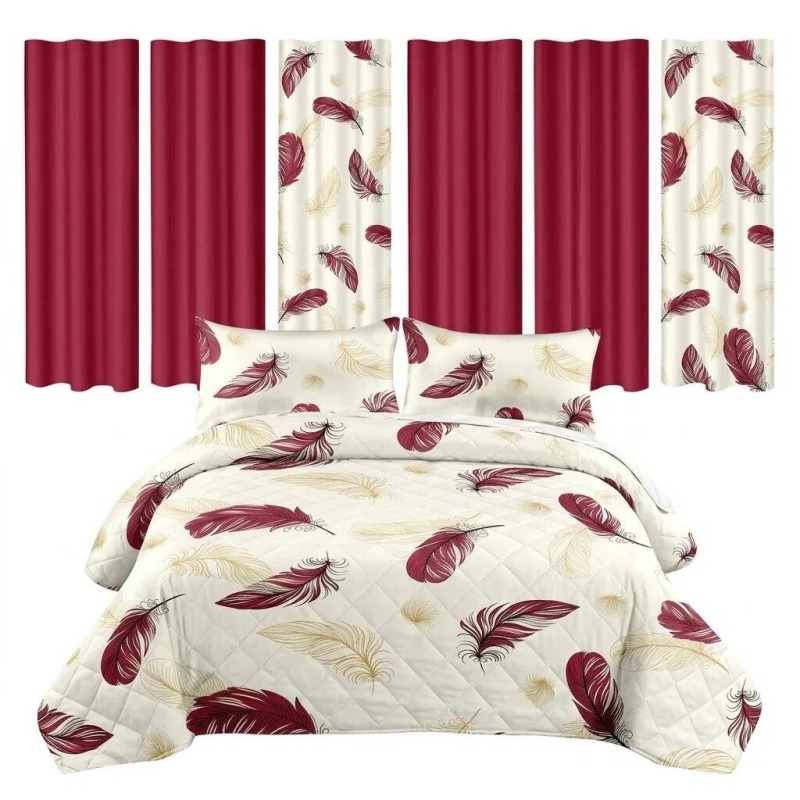 9 Piece Room In A Bag Quilt And Curtain Set, US Designer Burgundy Gold Boho Feather Print Heavyweight Bedspread With 6 Customizable Window Panels (Option: Cal King)