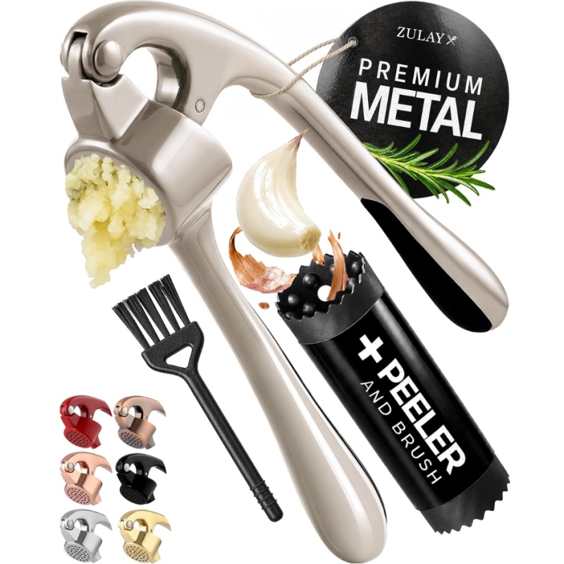 Premium Rust-Proof Garlic Press Set - Easy-Squeeze Mincer With Silicone Peeler & Brush (Option: Silver)