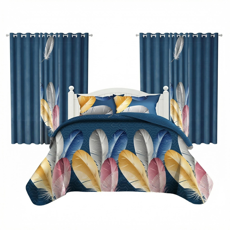 9 Piece Room In A Bag Quilt And Curtain Set, US Designer Navy Blue Boho Feather Print Heavyweight Bedspread With 6 Customizable Window Panels, Pe (Option: KING)
