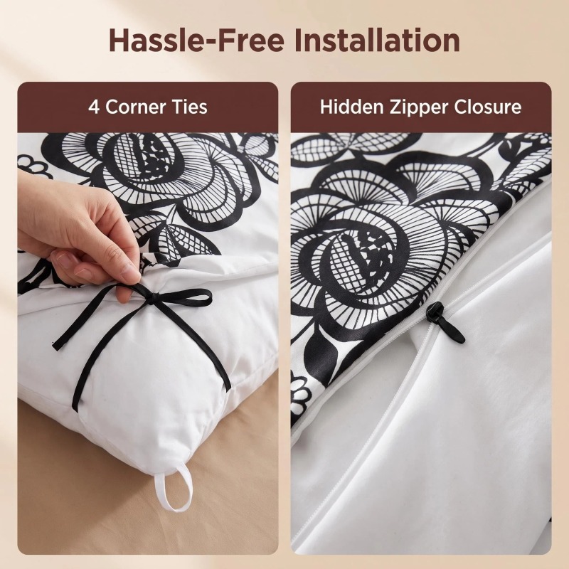 4-Piece Black And White Bohemian Floral Duvet Cover Bedding Set For Queen, King And California King (Option: Queen)