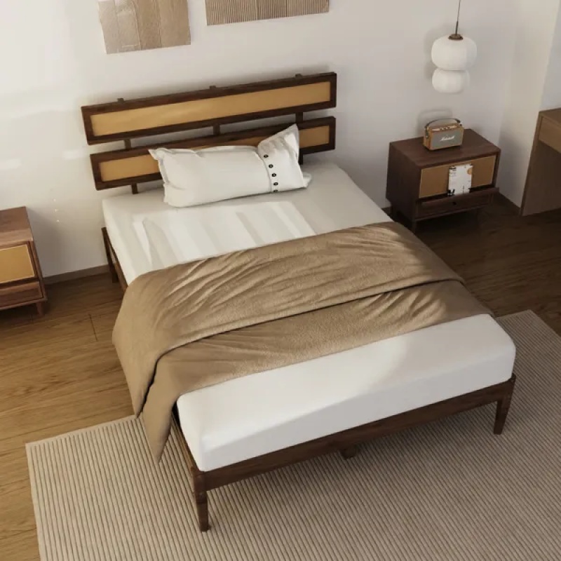 Dark walnut wood painted finish + rattan and pine wood double headboard full size wooden bed, Bohemian style (Option: default title)